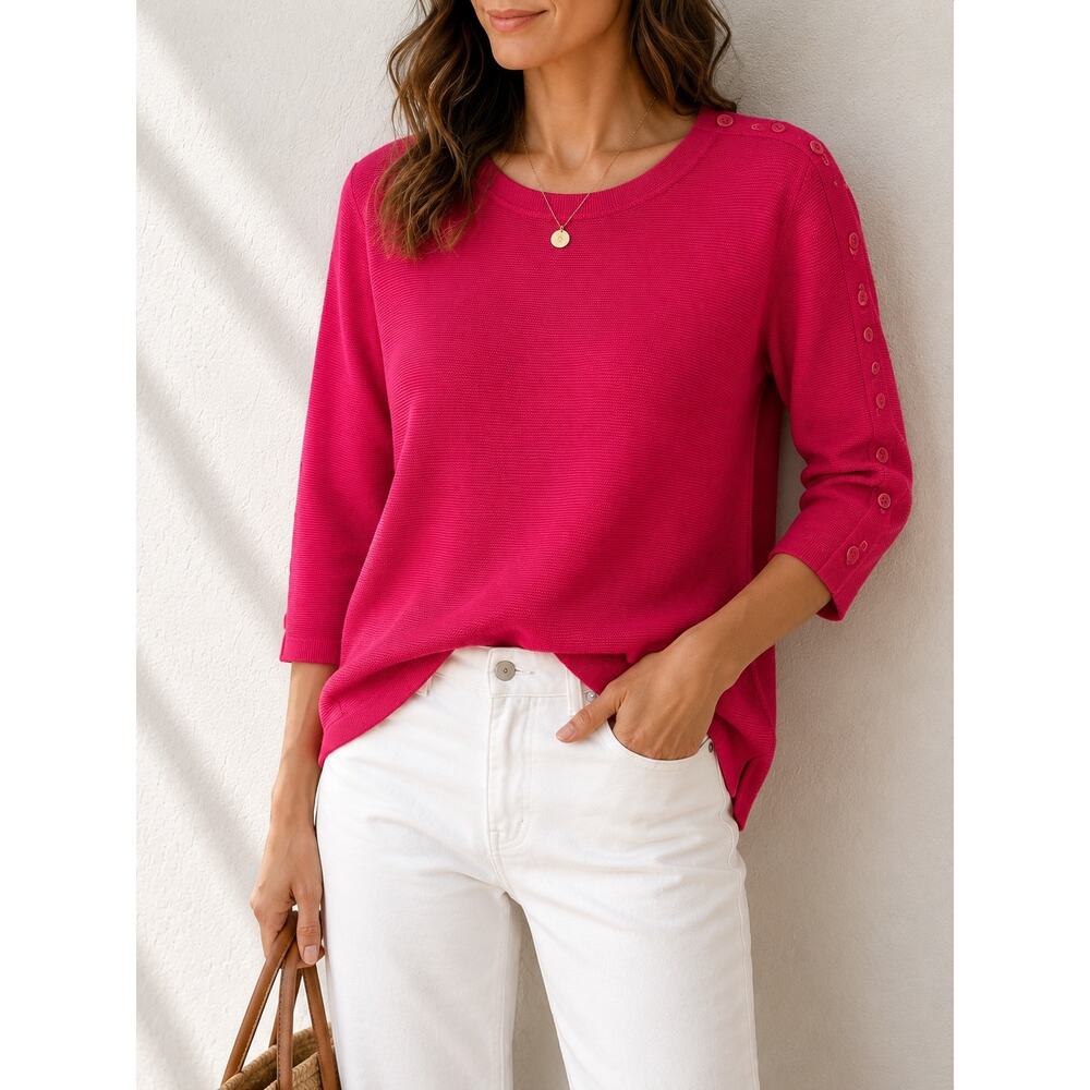 TALBOTS Hot Pink Nautical Button Shoulder Knit Sweater Coastal Grandmother XL